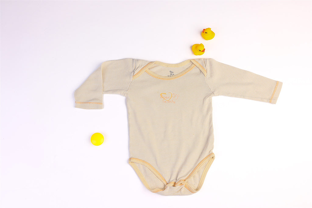 Yellow striped "bear family" long-sleeved bodysuit