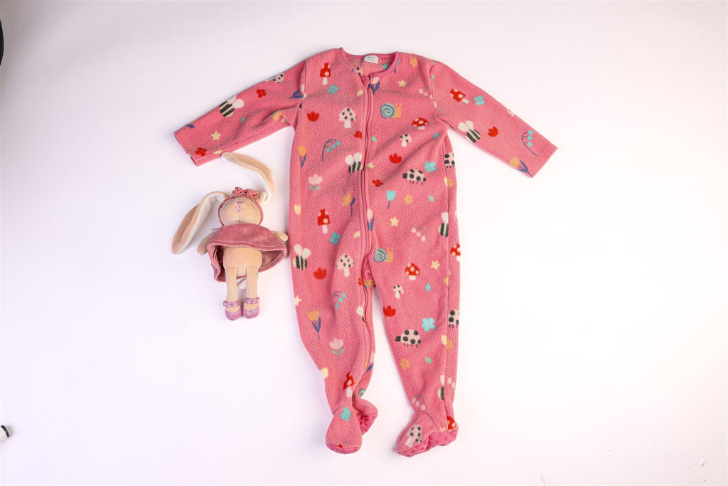 Pink sleepsuit with mushrooms, bees, ladybugs, flowers