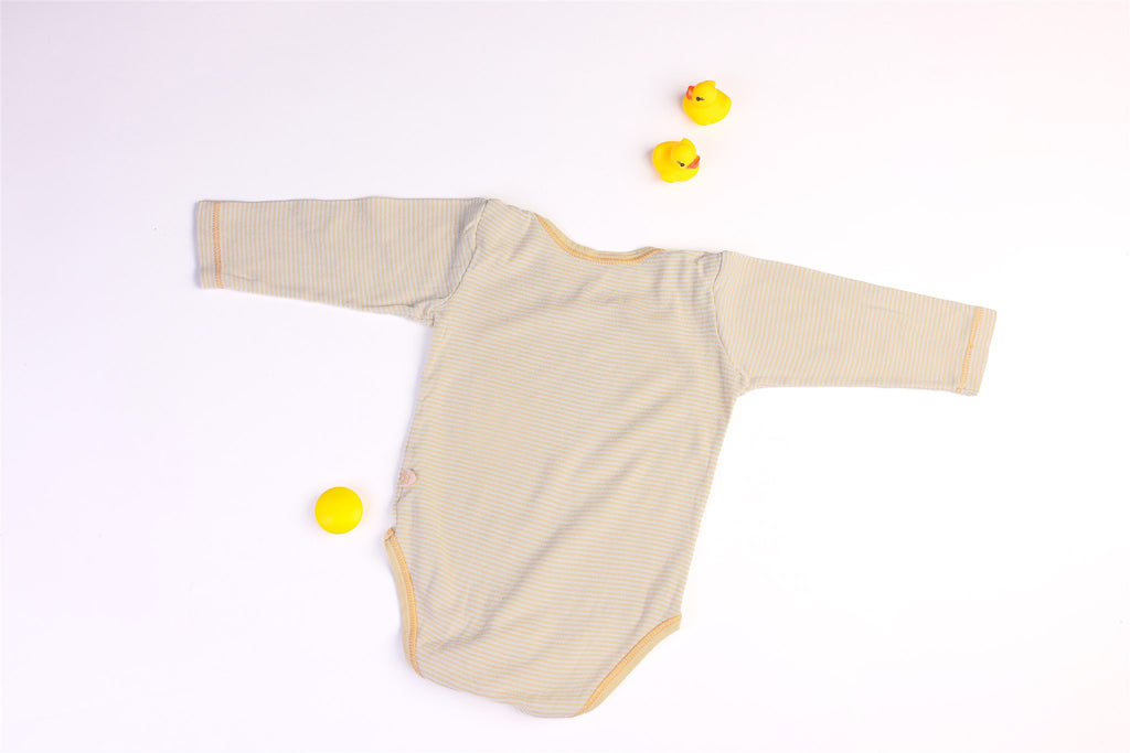 Yellow striped "bear family" long-sleeved bodysuit
