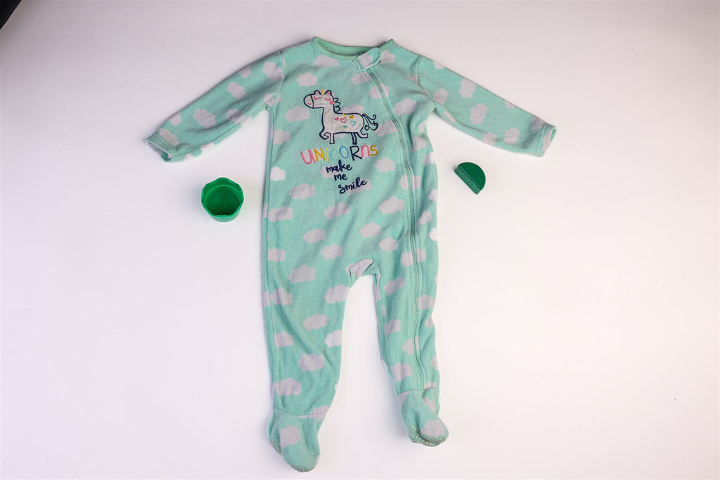 Green polka dot "Unicorns Make Me Smile" sleepsuit