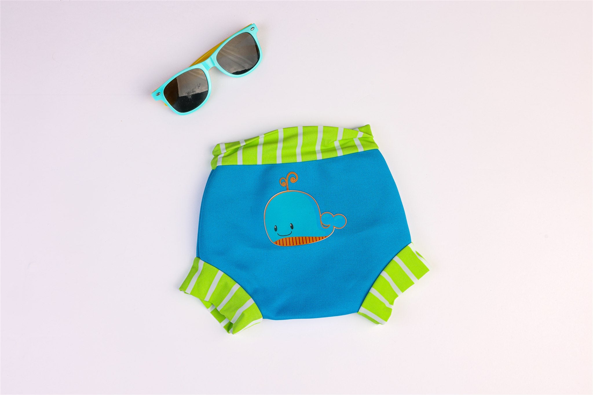 Blue swimsuit with whale